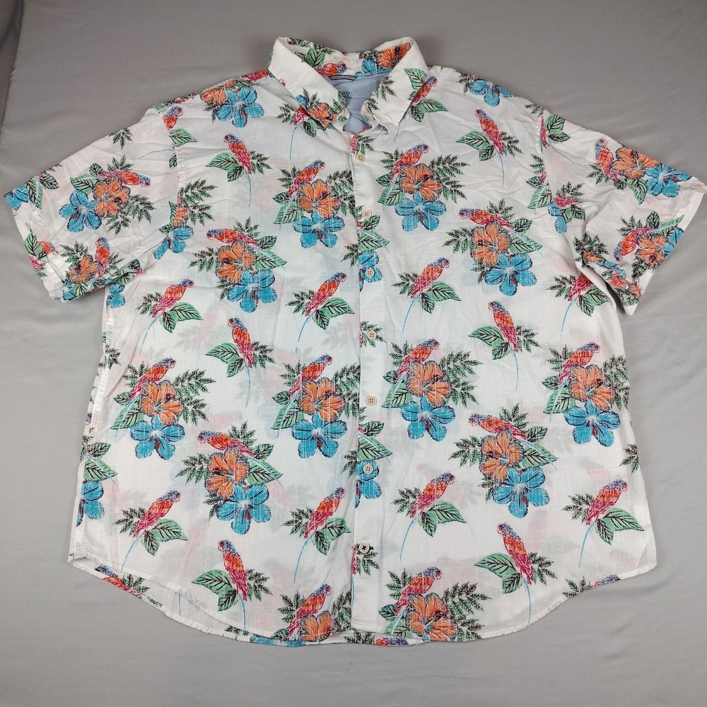 IZOD Saltwater Mens 2XL Reverse Print Parrot Tropical Linen Look Cotton Shirt